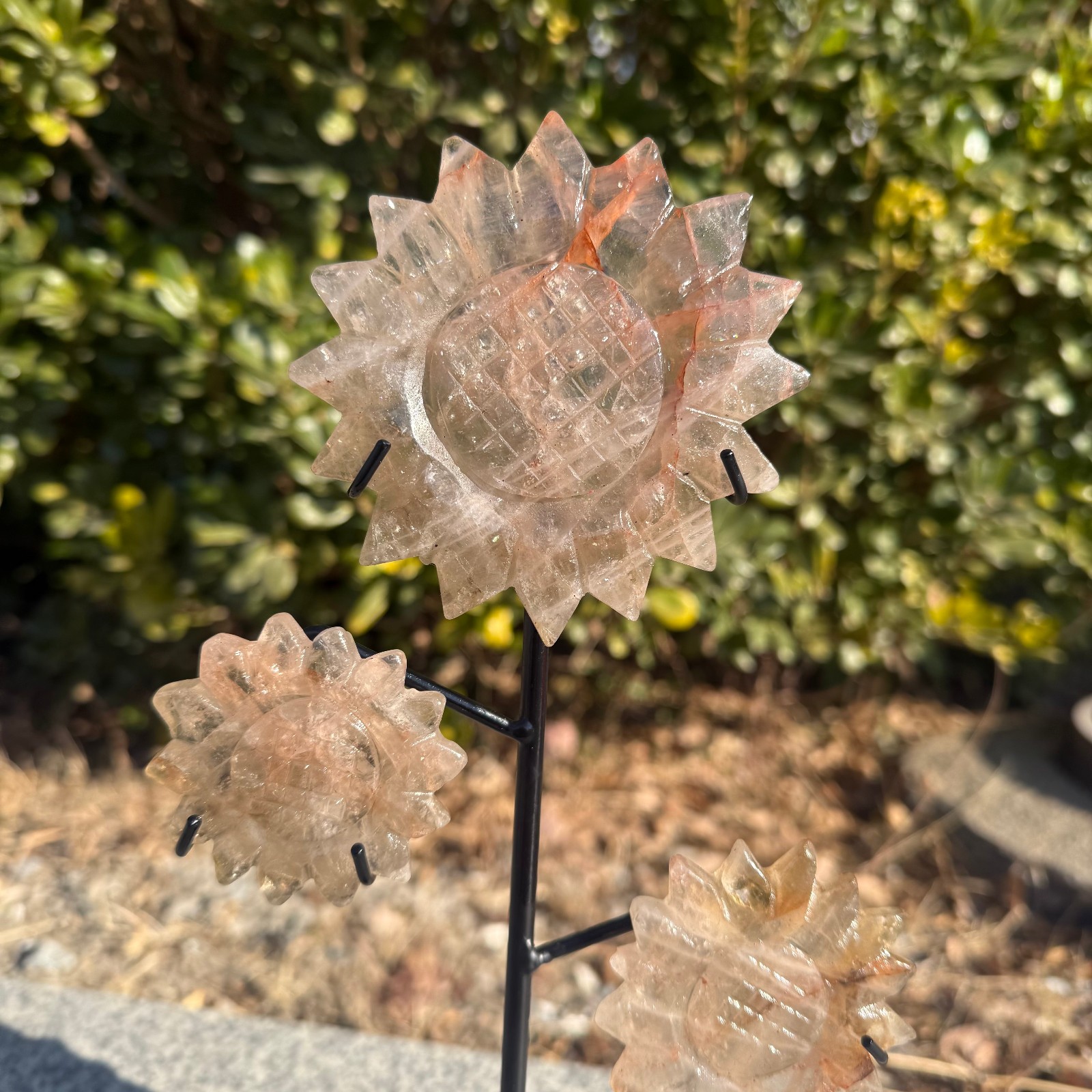 400g Natural red gum flower quartz crystal carved Sunflower Decor Gift