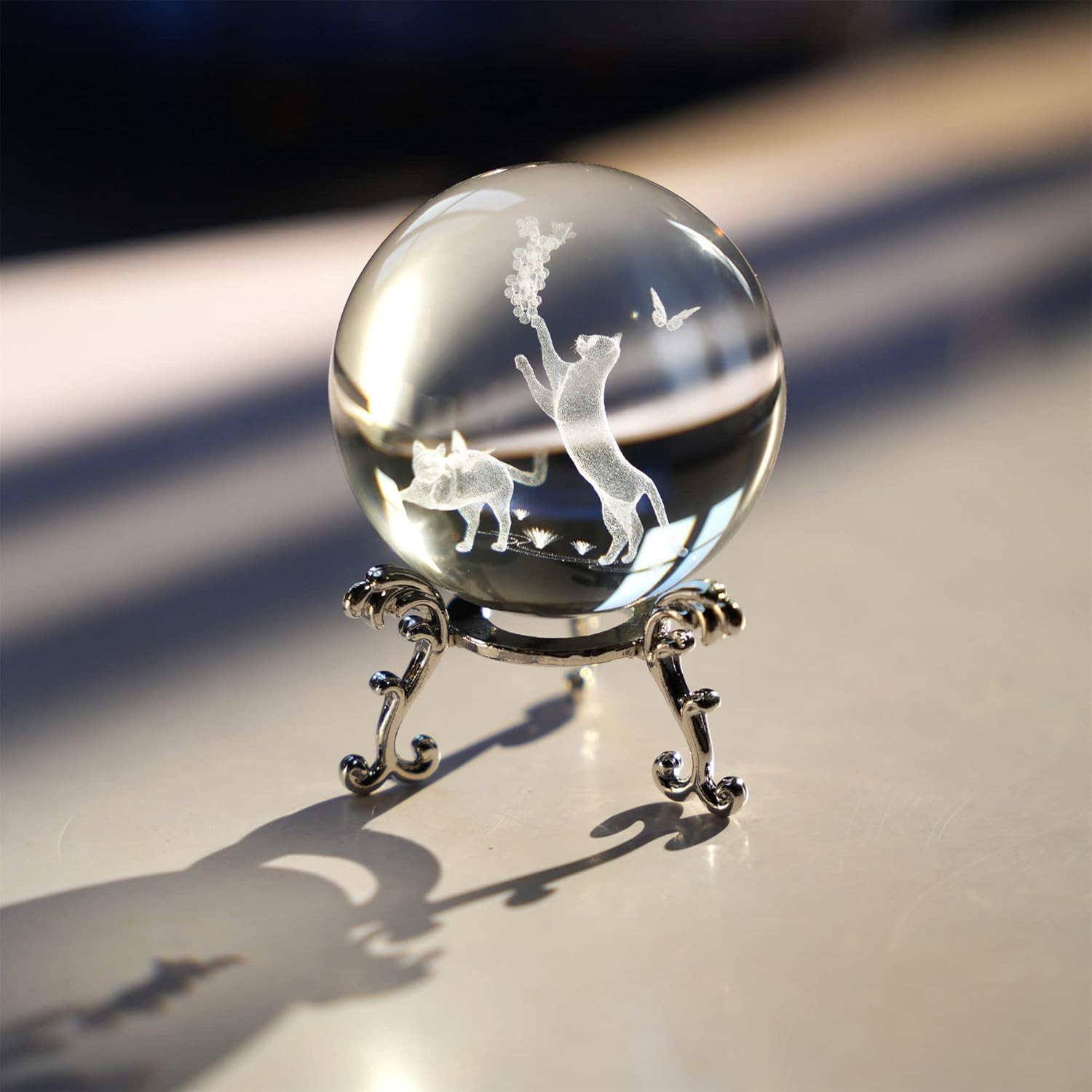 Cat Crystal Ball with Stand 60Mm 3D Engraved Decorative Glass Sphere Paperweight