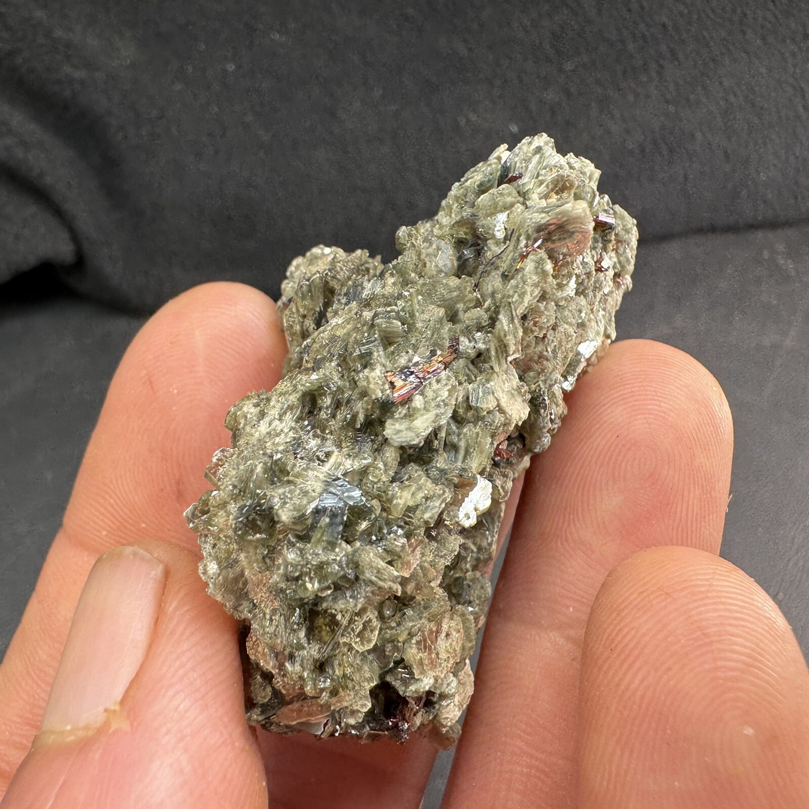 Lot of 4 Green Crystalized Mica Crystal Clusters with Rare Red Rutile Crystals
