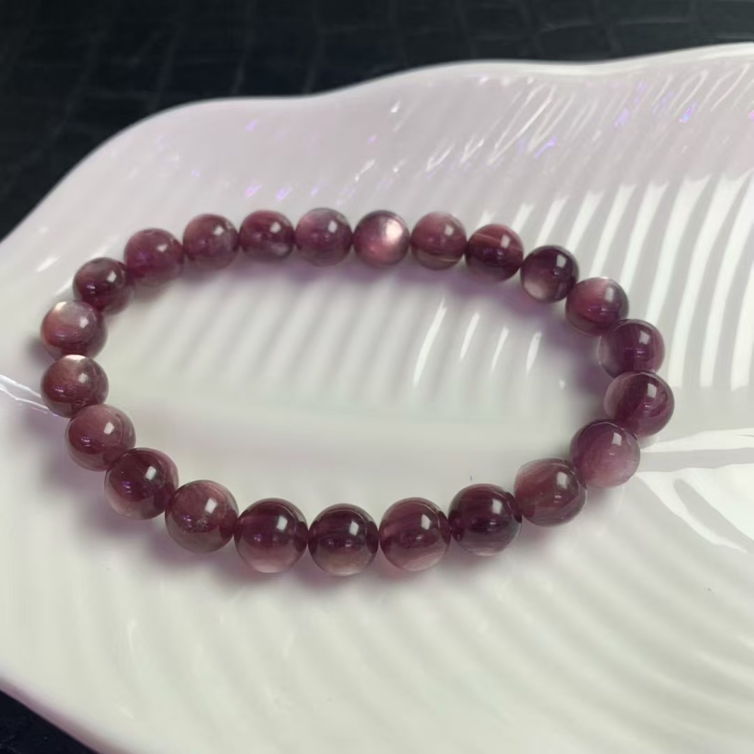 7-8mm Natural Purplelepidolite Crystal Round Cat’s Eye Beads Bracelet 1pc
