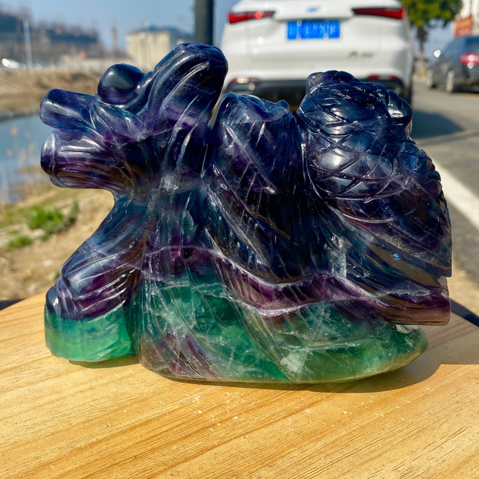 4.96LB Natural Fluorite Hand Carved Owl Statue Crystal Healing Reiki Stone