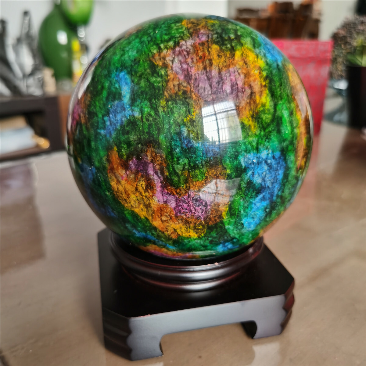 5.6kg Natural “Seven Colors Jade” sphere specimen -Taiwan China +stand W5907
