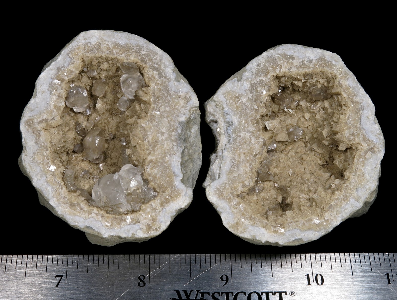 Unusual – Pristine calcite crystals atop etched ones 2-1/2″ Keokuk geode !!!