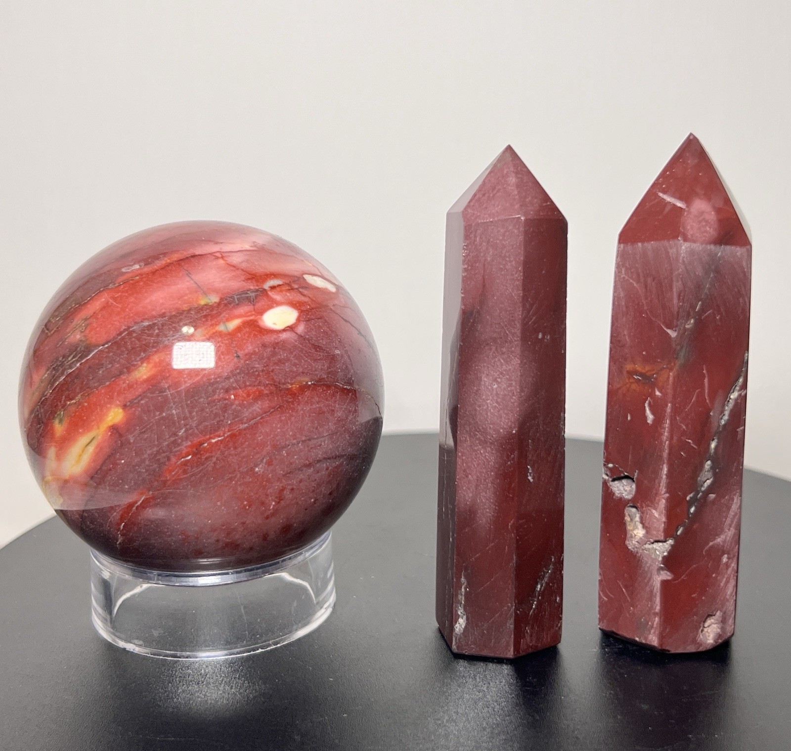 Mookaite 3 Piece Set – 2 Towers & Sphere (65mm) w/holder -see description & pics