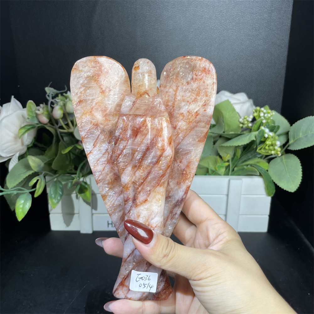 1.7LB 7″ Natural Red Fire Quartz Angel Crystal Ornament Memorial Home Gift