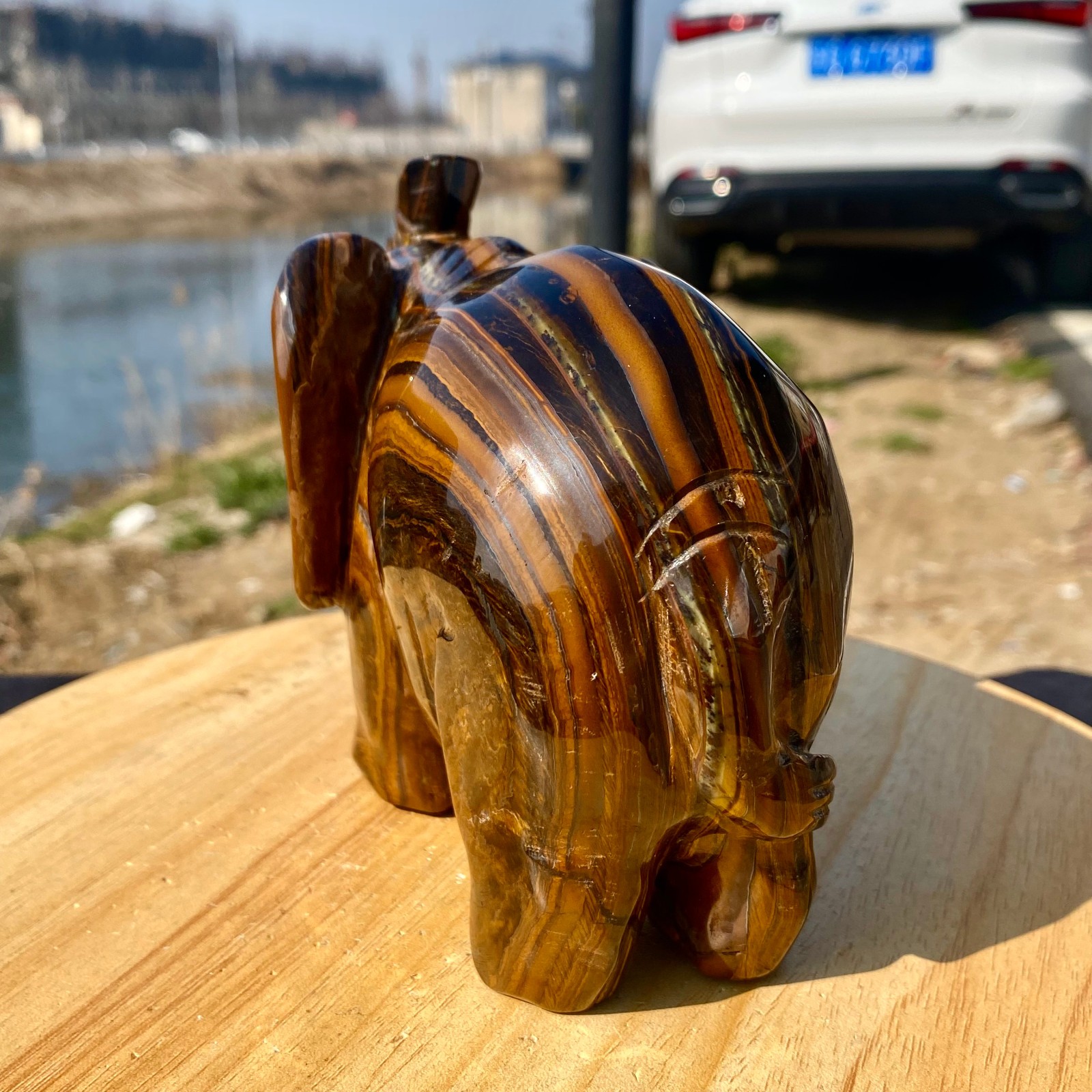 3.72LB Natural Tiger’s Eye Gemstone Elephant Figurin Hand Carved Mineral