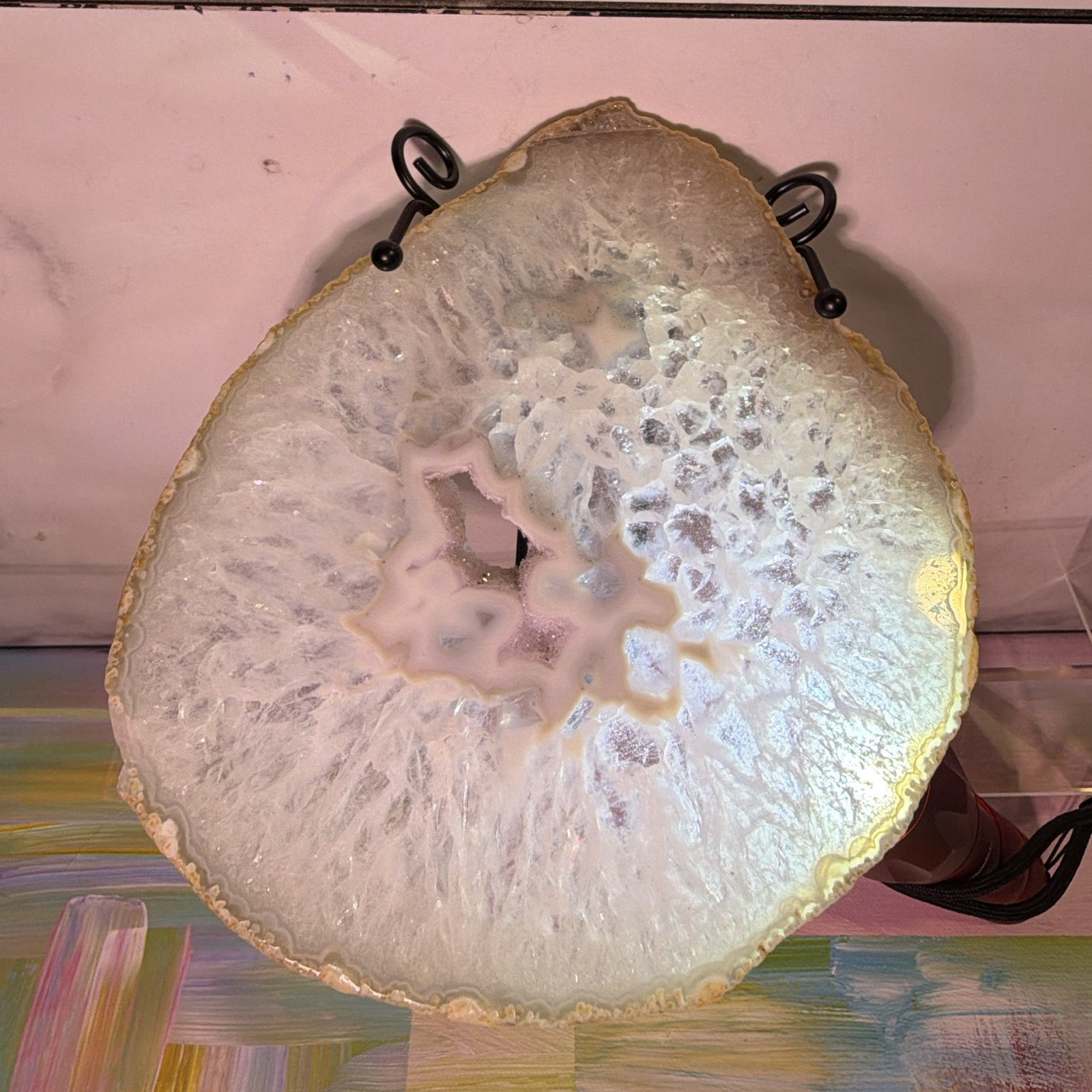 White Agate Geode Slice Crystal Mineral Display Specimen on Metal Stand ~6 in
