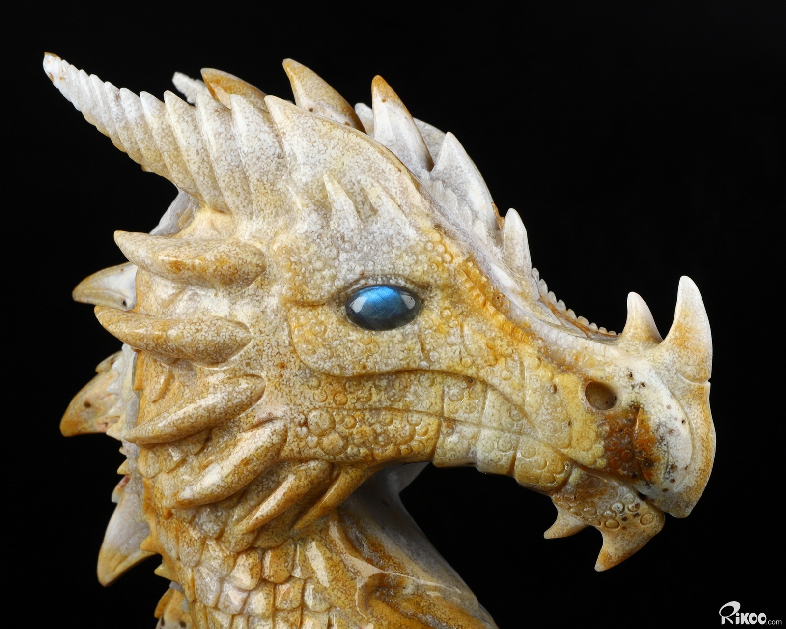 6.9″ Indian Agate Carved Crystal Dragon & Labradorite Eyes Sculpture, Realistic