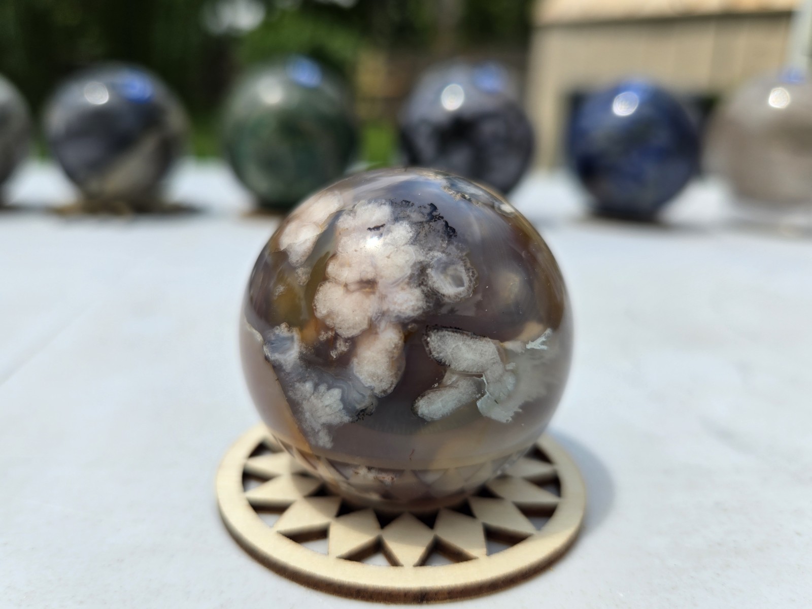 polished flower agate crystal sphere display specimen w/ stand ~2in b61