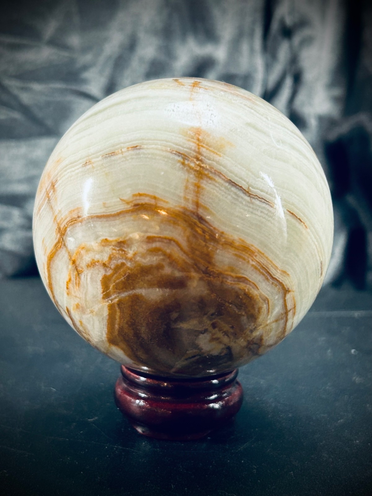 2.95″ Banded Calcite (Green Banded Onyx) Sphere with Wood Stand 1lb 5oz