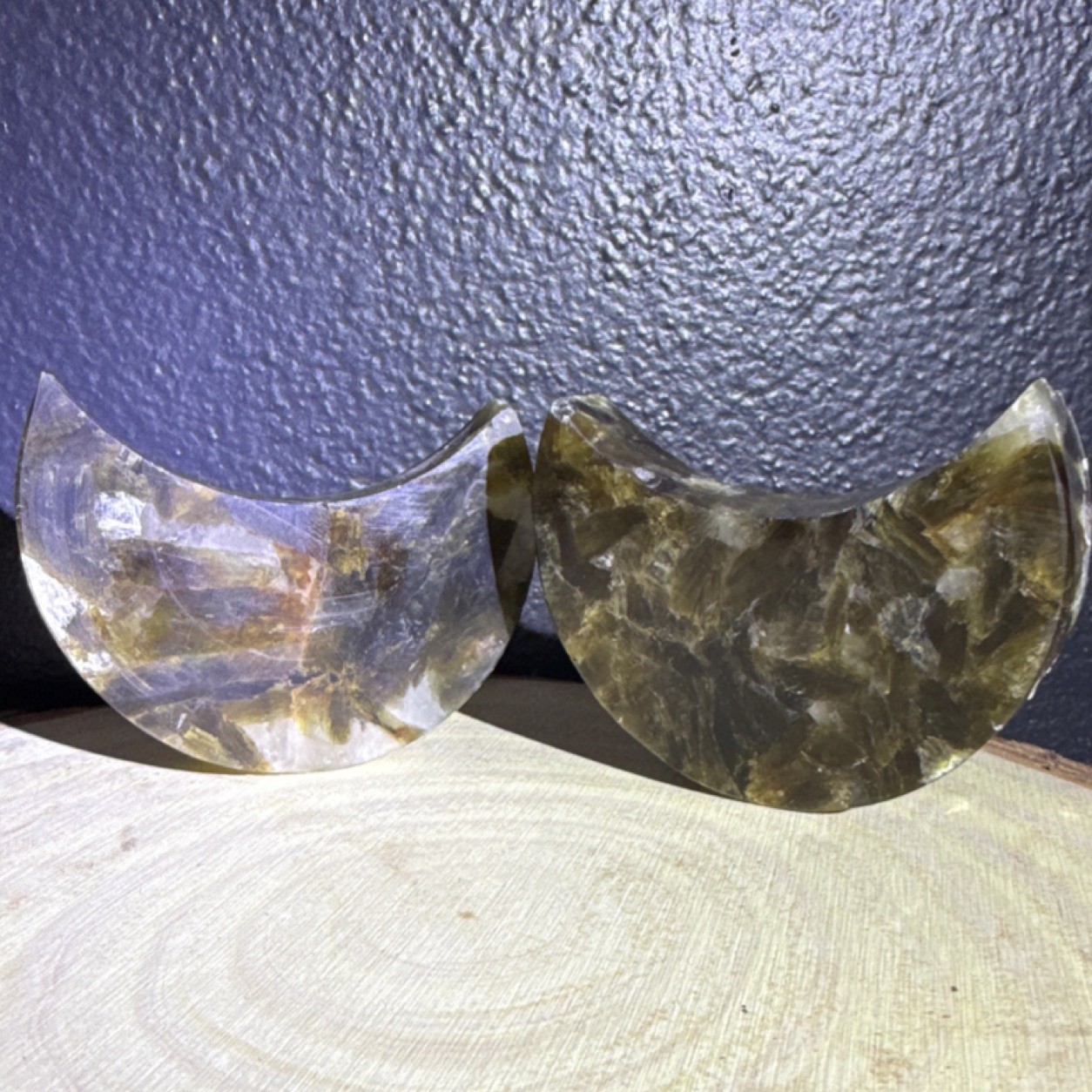 Polished Mica, Hand-carved Crescent Moons, Set of Two