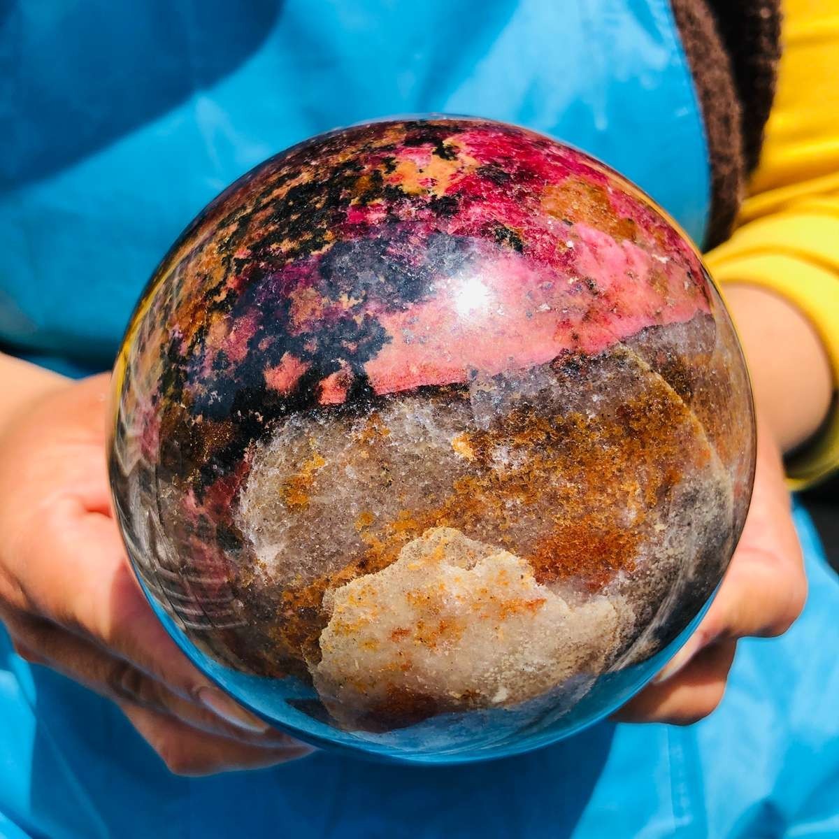 5.03LB Natural Rhodonite Crystal Sphere Pink Black Healing Gem Stone 4793