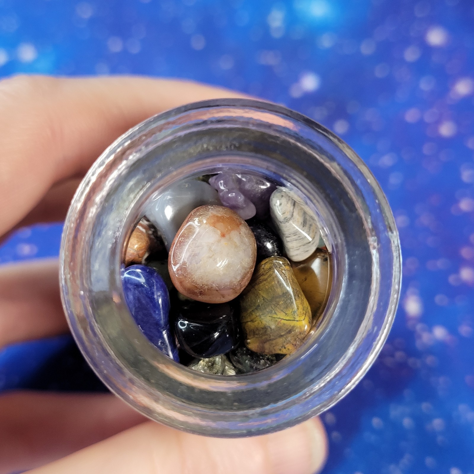 4oz Mixed Crystal Small Tumbles in Vintage Apothecary Glass Jar Wagner Spice