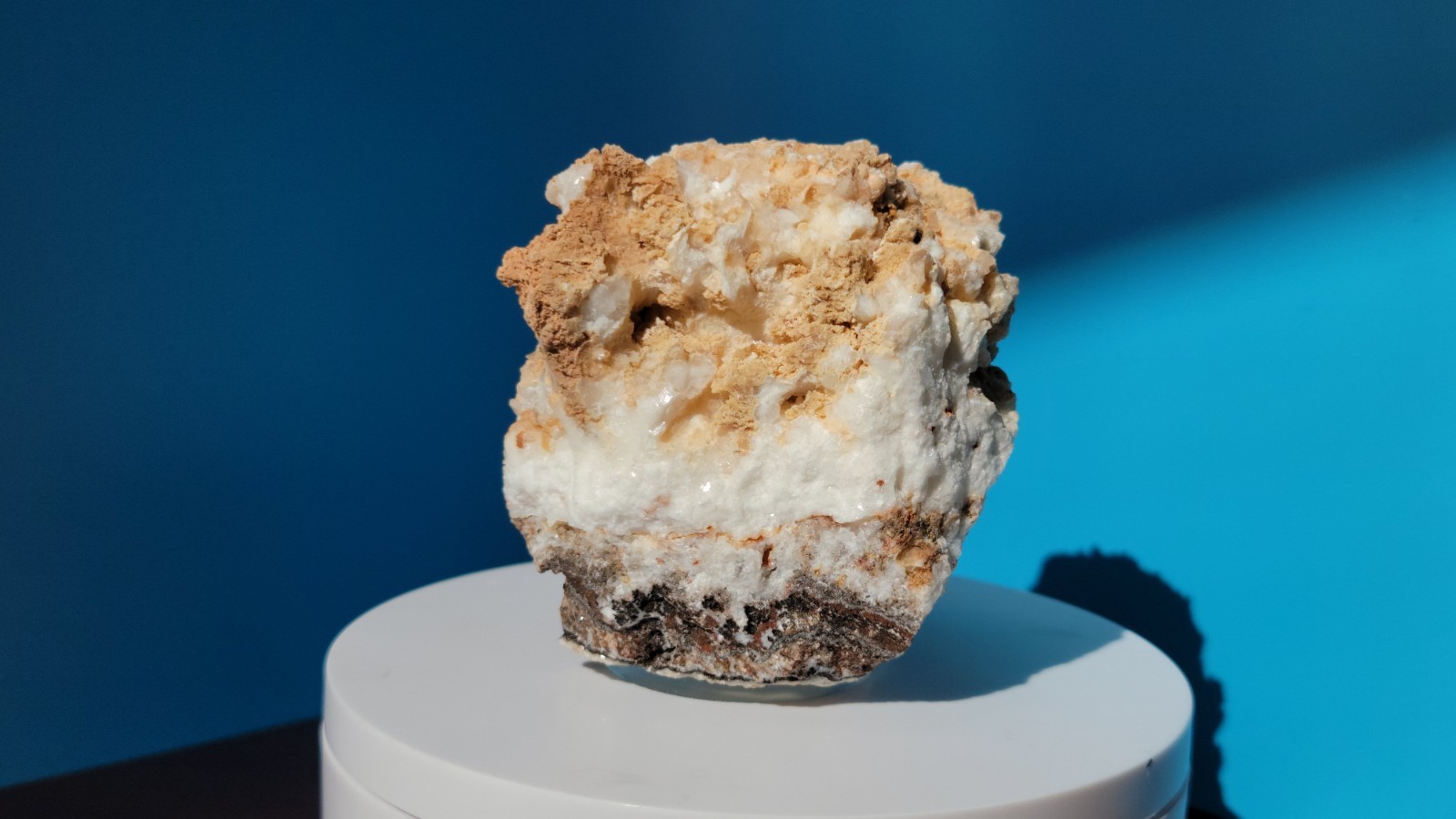 316 G. Perimorphic Quartz and Calcite Specimen with Plexiglass Round Stand