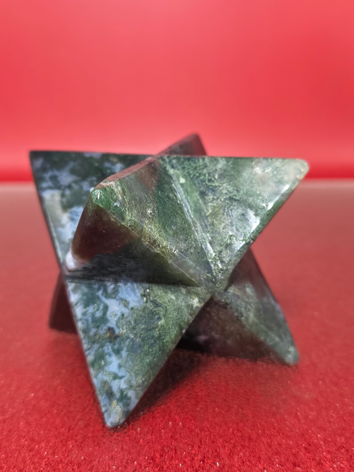 360g Moss Agate 8 Point Merkaba Star Carving Crystal Sacred Geometry Healing