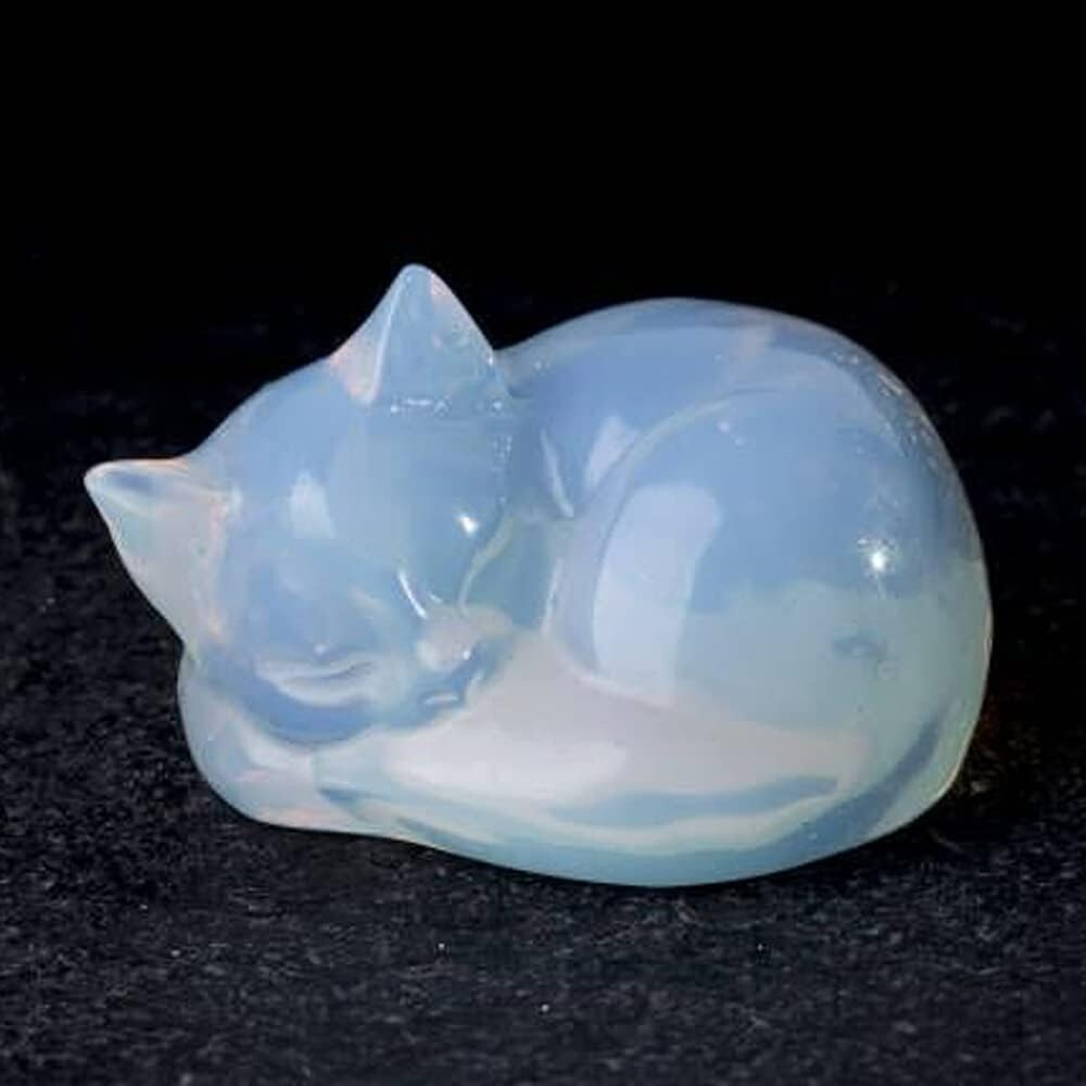 Opalite Cat Statue Handcrafted Blue Clear Crystal Sleeping Kitten Home Decor
