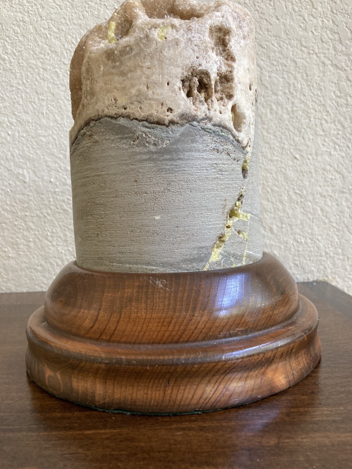 Natural Geological Drill Core w Crystals on Walnut Wood Pen Holder Display Base