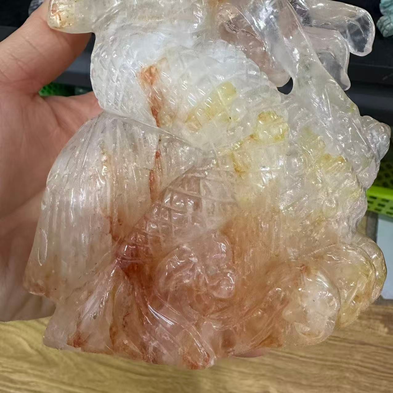 845g Natural Red gum flower Quartz Carved Mermaid Skull Reiki Decor