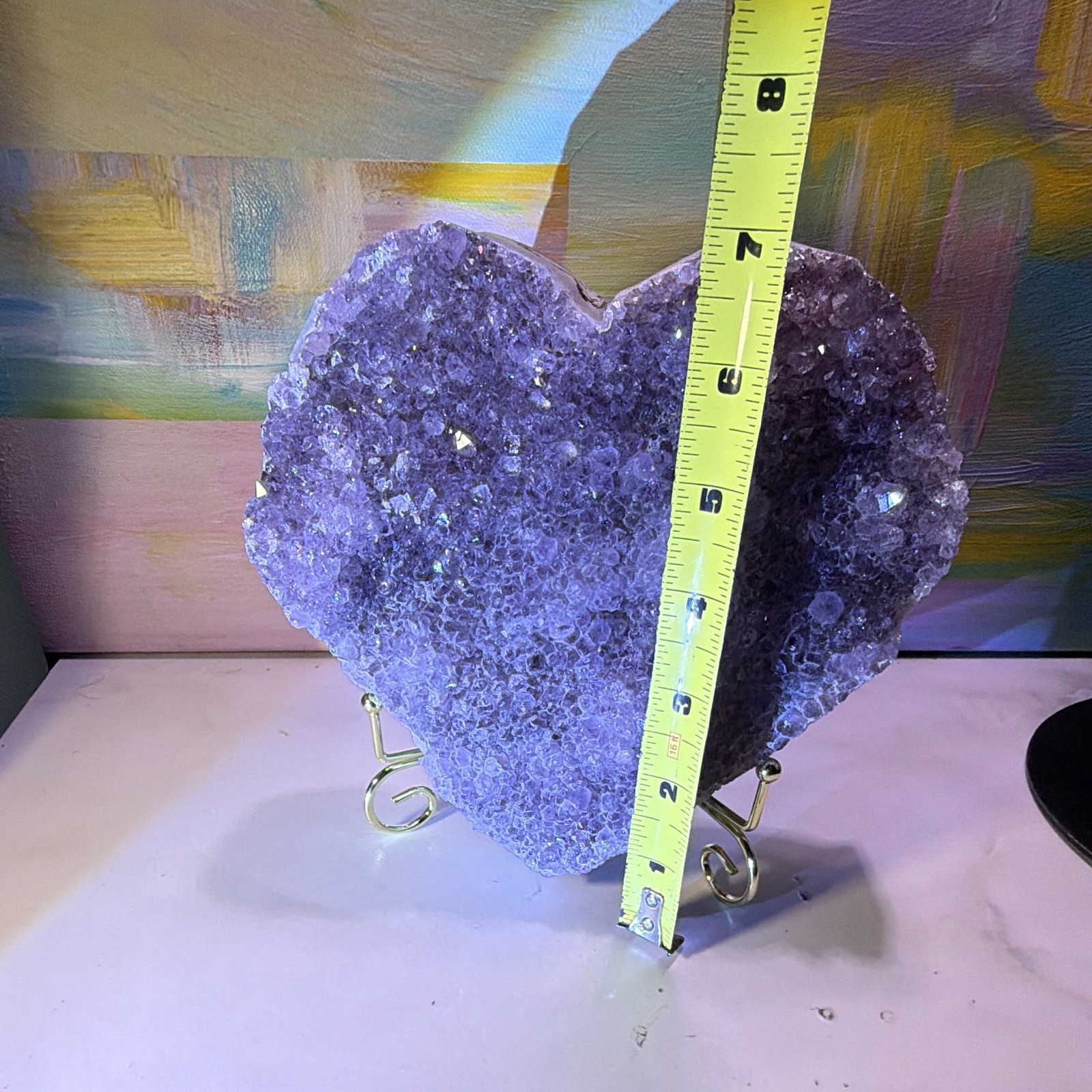 Heart-Shaped Purple Crystal Cluster Mineral Display Specimen on Metal Stand 8 in