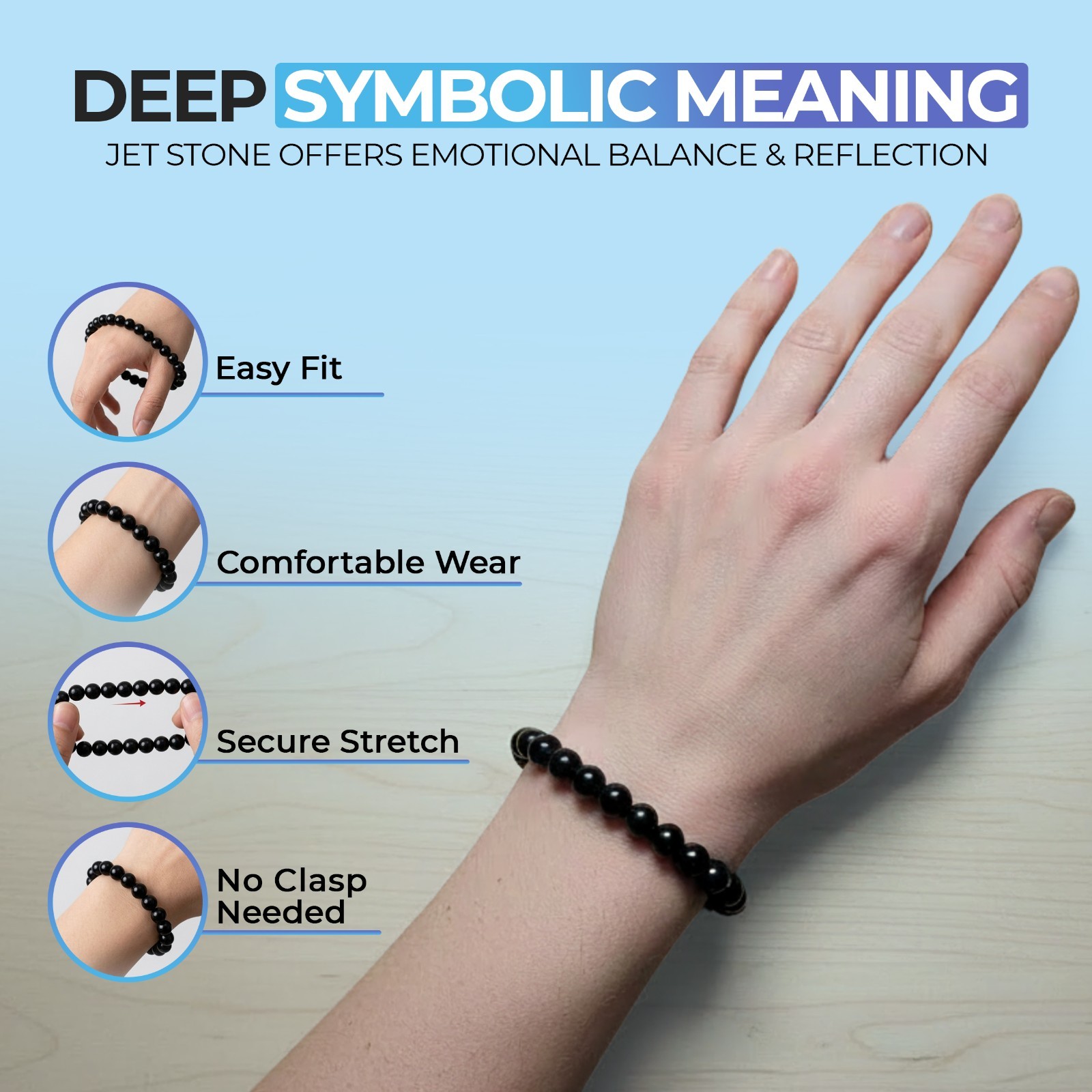 Jet Stone Bracelet for Men and Women, Natural Jet Beads 6mm