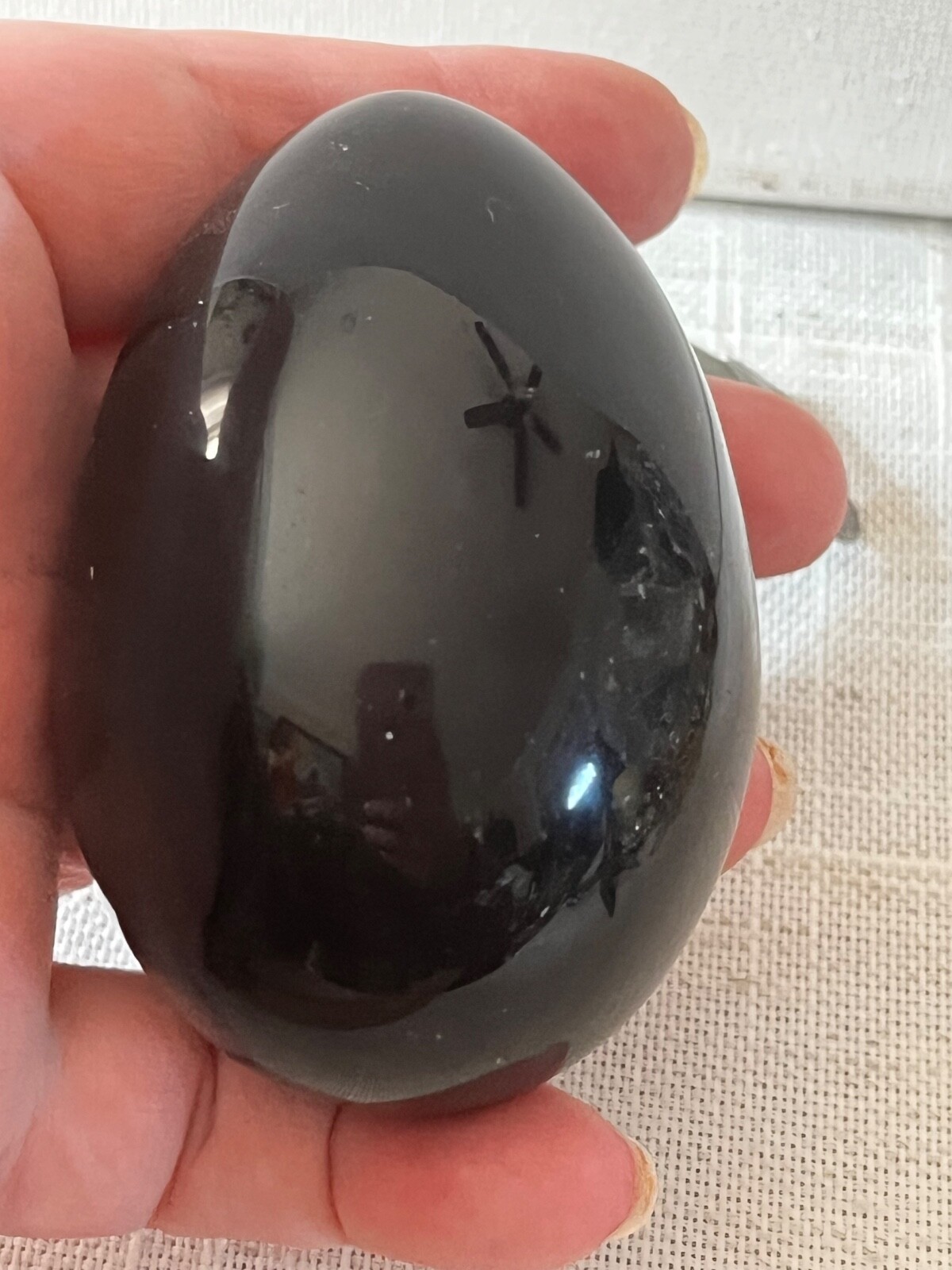 Black Onyx Egg w/ Lucite Stand.Egg is 2 1/2″ high/Stand is 1″ H -Base 1 1/2 sq