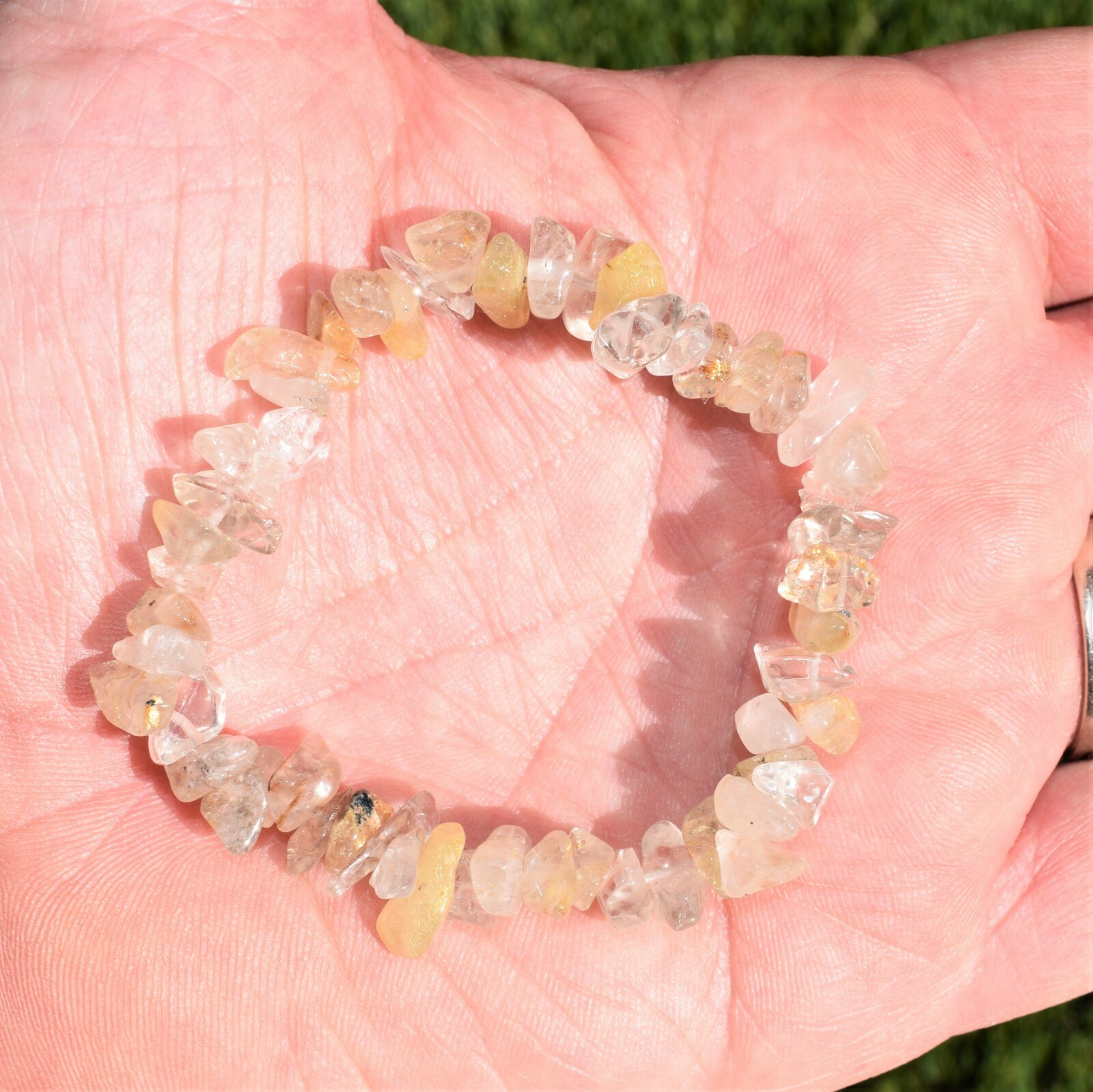 CHARGED Golden Rutile Quartz Crystal Chip Stretchy Bracelet + Selenite Heart