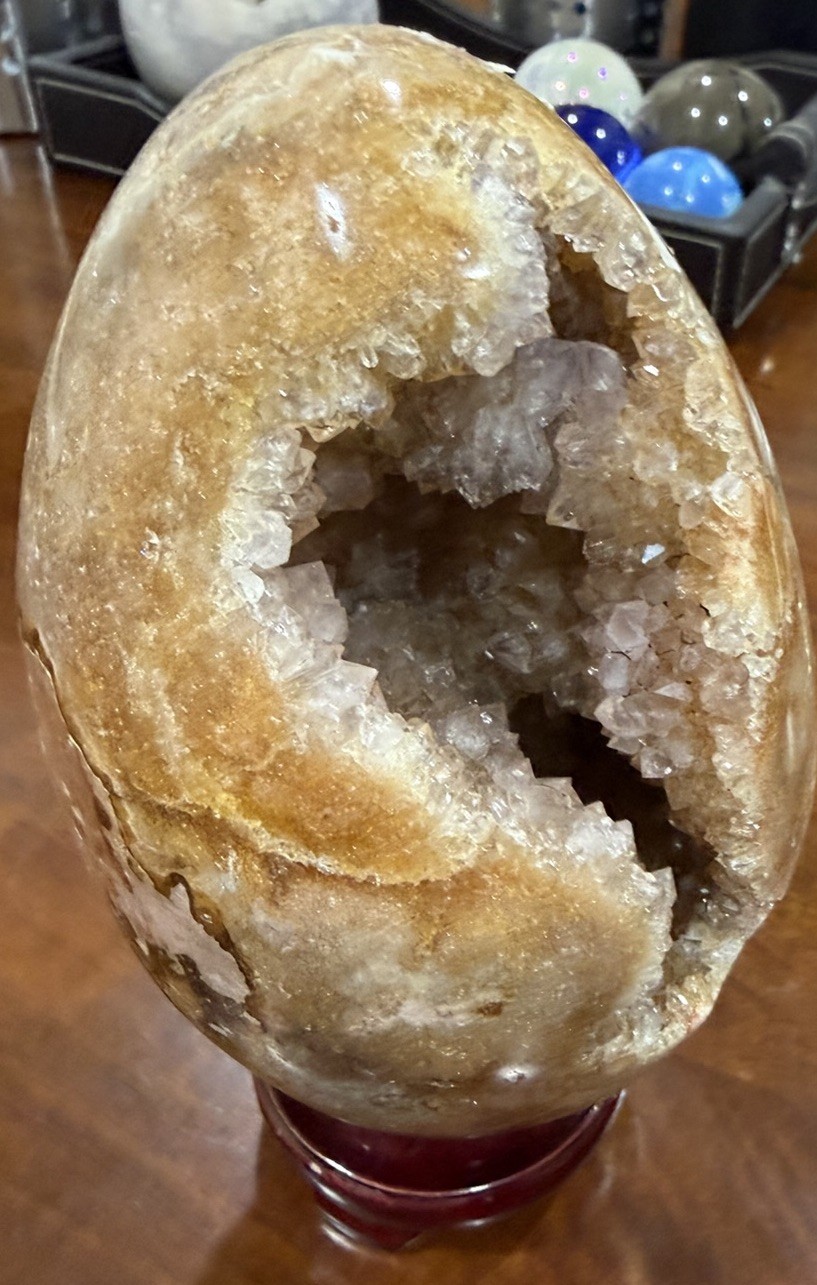 Polished Crystal Geode Egg Mineral Display Specimen with Druzy Cavity on Stand