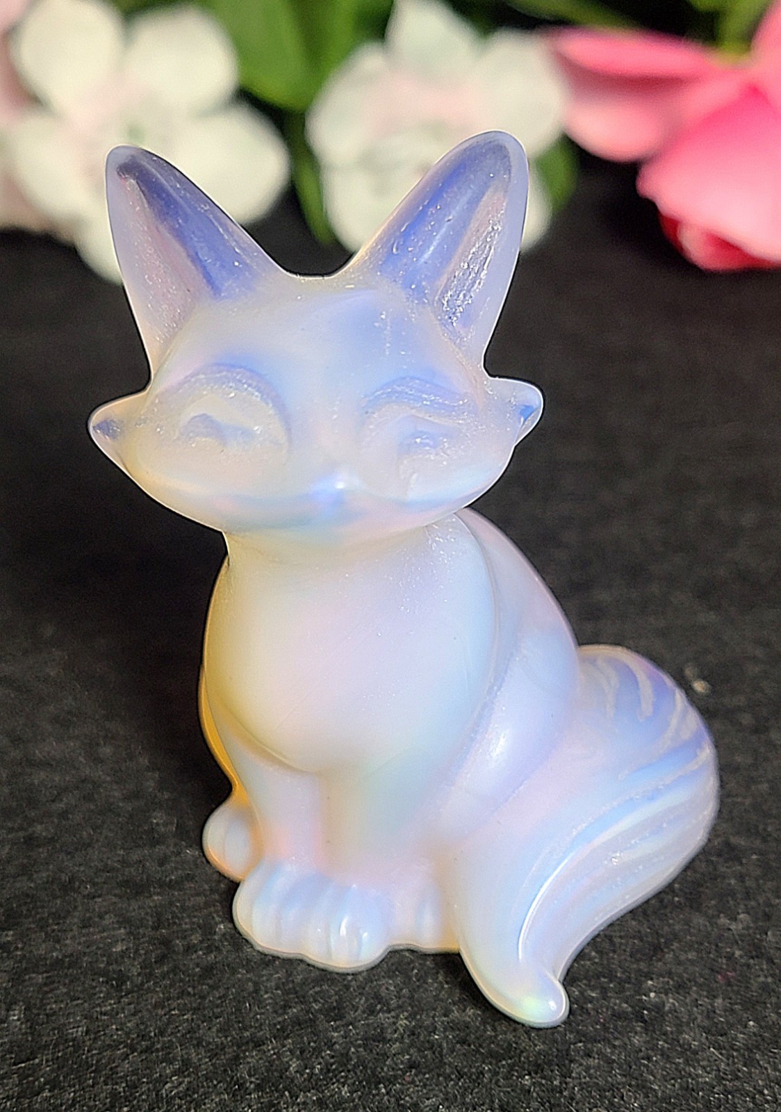 2.4″ 69g Elegant Pink Opalite Fox Kitsune Crystal Stone Carving Statue
