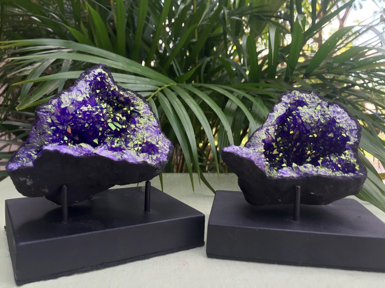 Large Purple Geode Pair W/Stands Crystal Geode Quartz Moroccan Geode Half Open.