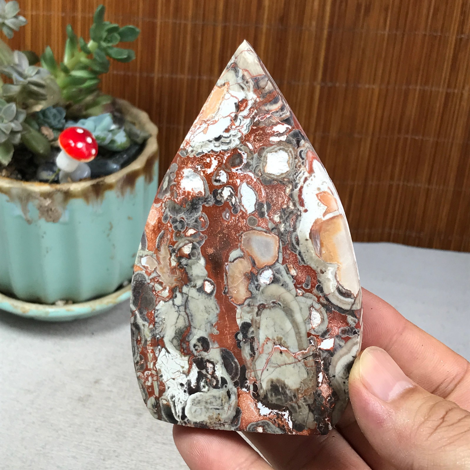 Natural money Mexico agate hand carve leaf Crystal Specimen free standing A6260