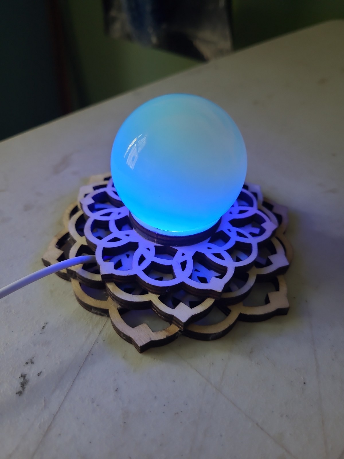 Mandala Light Stand W/ Opalite Sphere & Charger. Sphere Changes Colors When On