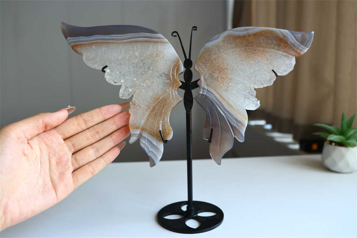 730g Natural Geode Agate Carved Butterfly Wing Reiki Crystal Decor Gift + Stand