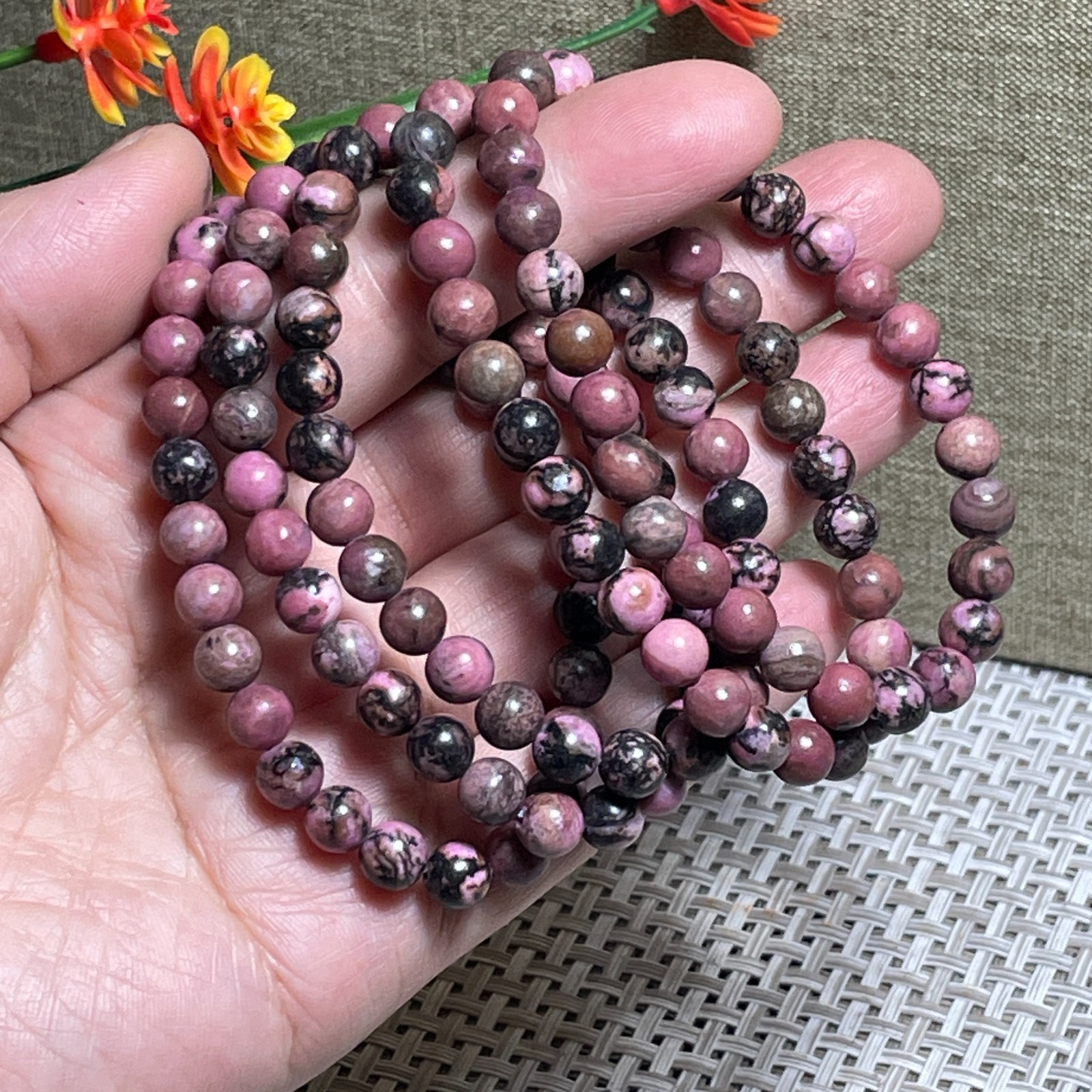 Wholesale 1Pcs 6mm Rhodonite jasper stone ball beads 6mm 7.5”crystal Stretch Bra