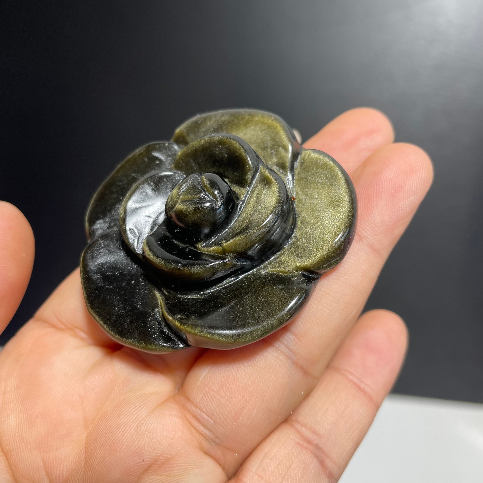 1PC Natural Golden Obsidia Quartz Carved Rose Flower Skull Crystal Reiki C1601
