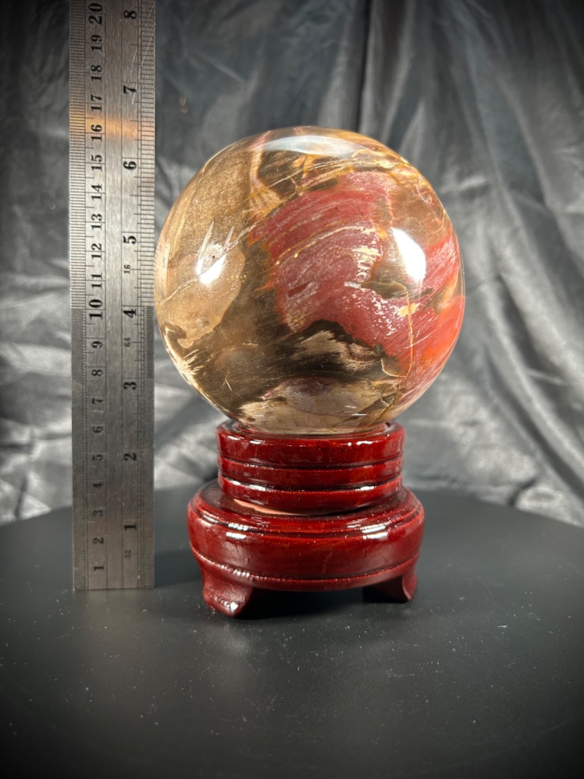 4.27″ Petrified Wood Sphere With Wood Stand 3lb 15.3oz (1795 grams) UV Reactive