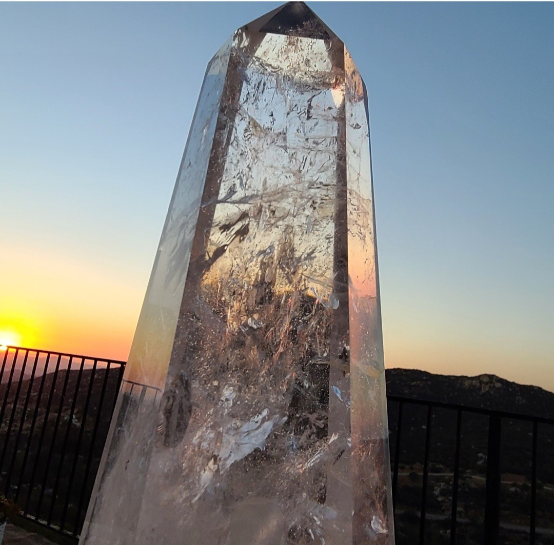 Clear Quartz Crystal Point/Tower Display Specimen w/ Wooden Stand, 12 in.