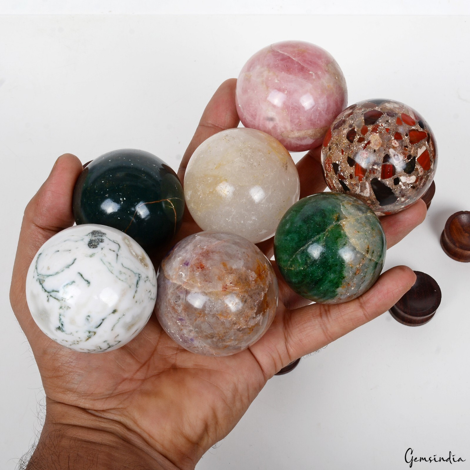 1.28 Kg 7 Pc Set Of Multi gemstone Crystal Sphere Ball Polished Healing w/ Stand