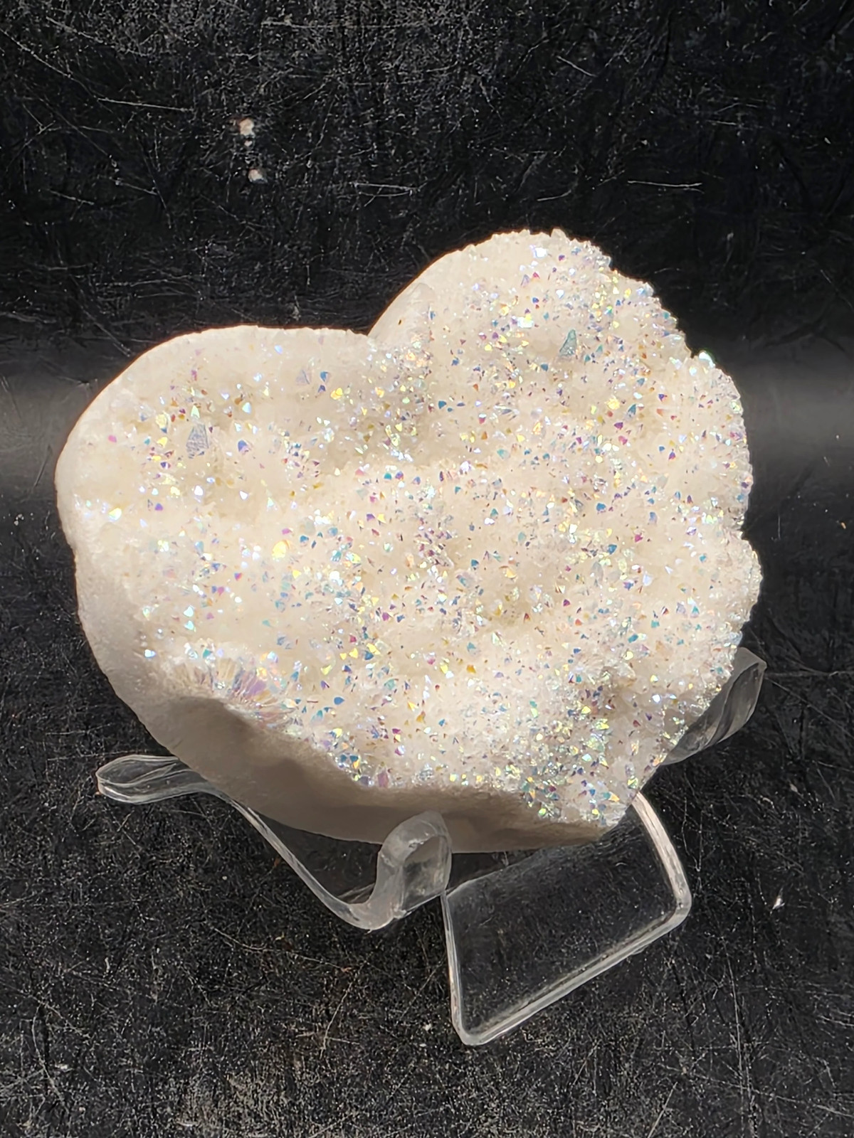 White pearl aura quartz heart! 4 ounces, 2.6 inches wide, 2.2″ tall