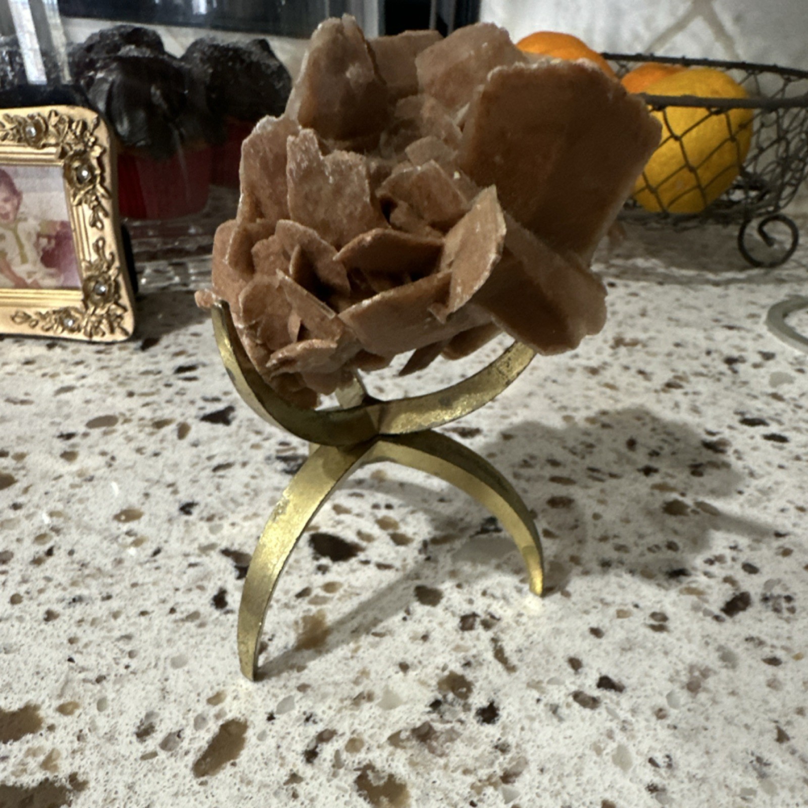 Desert Rose Selenite Gypsum Mineral Specimen on Display Stand