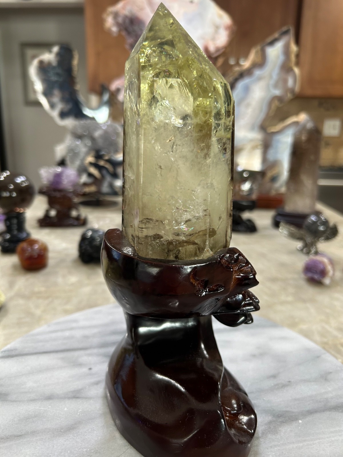 Citrine quartz crystal Freeform tower with custom wood stand