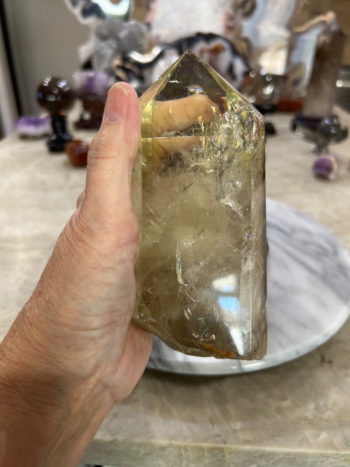 Citrine quartz crystal Freeform tower with custom wood stand