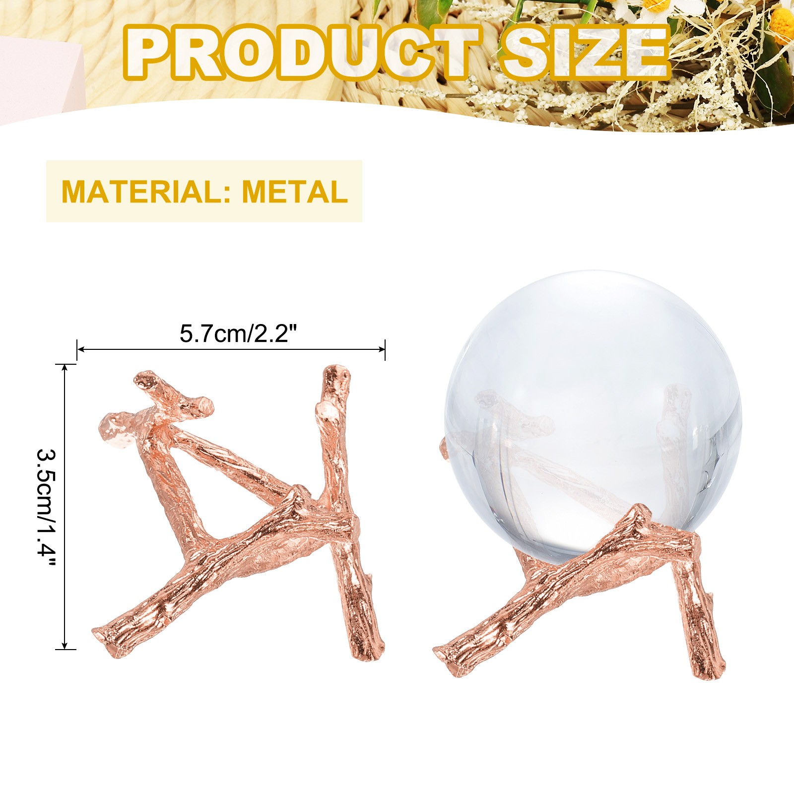2.2″ Dia Metal Crystal Sphere Holder Crystal Ball Tripod Stand, Rose Gold