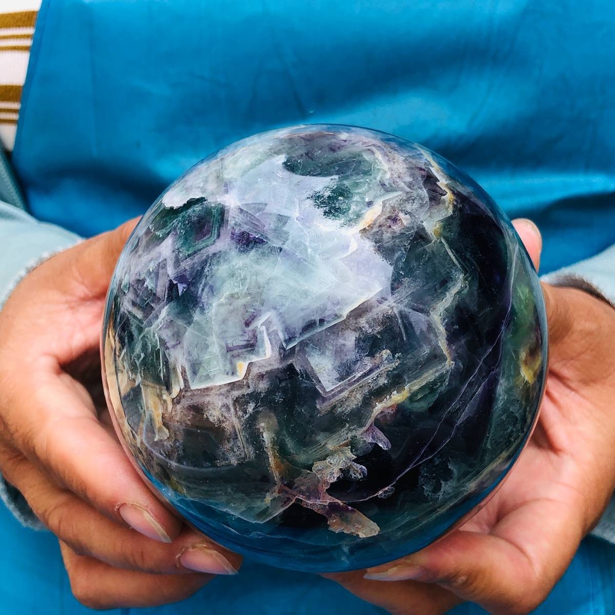3.74LB Natural Crystal Rainbow Fluorite Sphere Display Ball Reiki Healing
