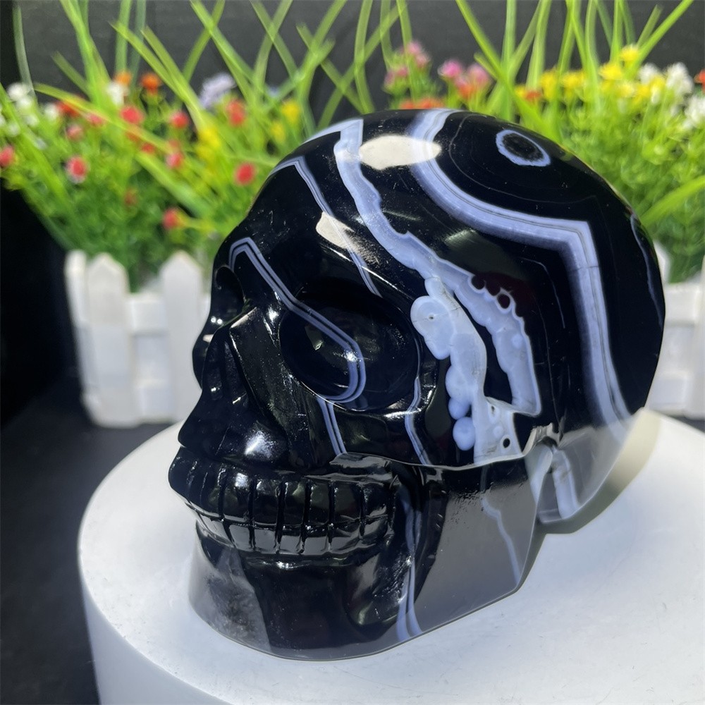 2.3LB 4.5″ Natural A++ Black Sardonyx Agate Skull Crystal Quartz Decor Gift