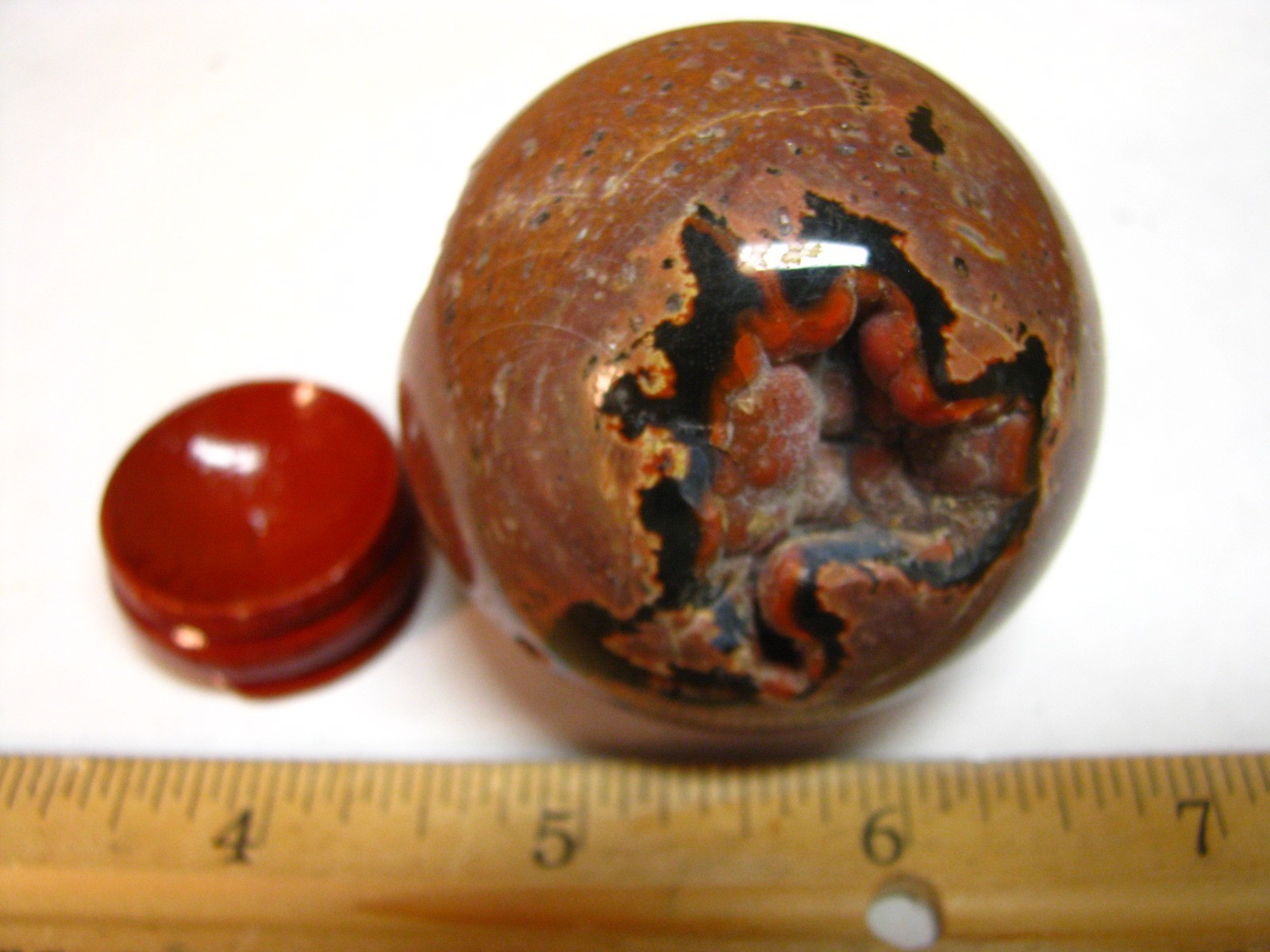 .43lb 2.15inch JASPER SPHERE RED & BLACK CHALCEDONY W/WOOD STAND MADAGASCAR #247