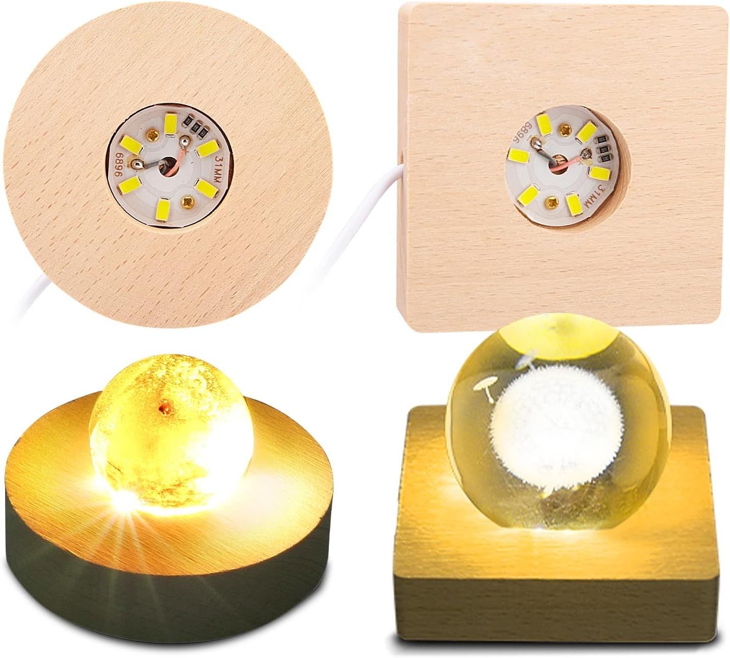 Elegant 4pcs Wooden Light Base for Crystal Displays – USB LED Pedestal Stand