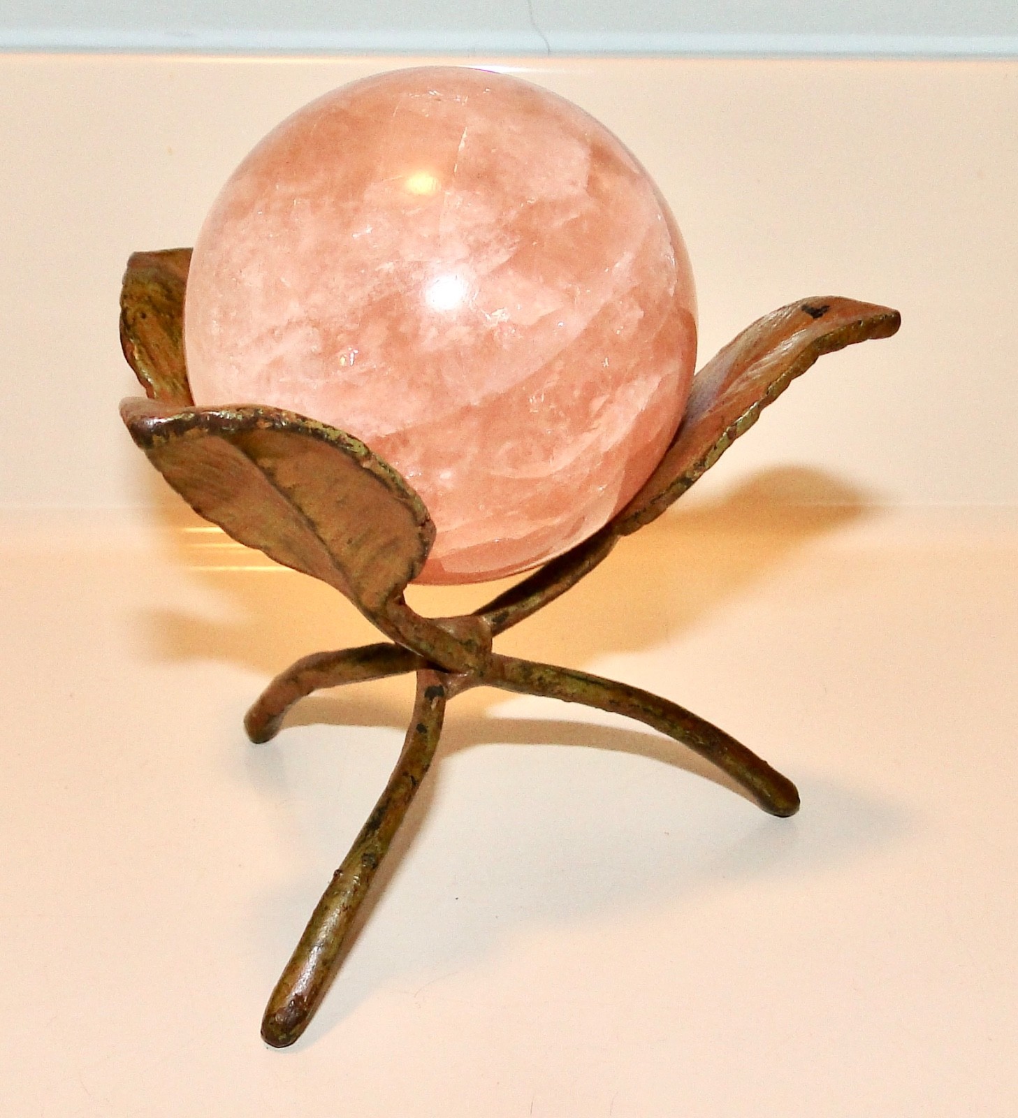 Pink ROSE QUARTZ ORB Ball Sphere + Brown Metal TWIG STAND 4 3/4″ Tall