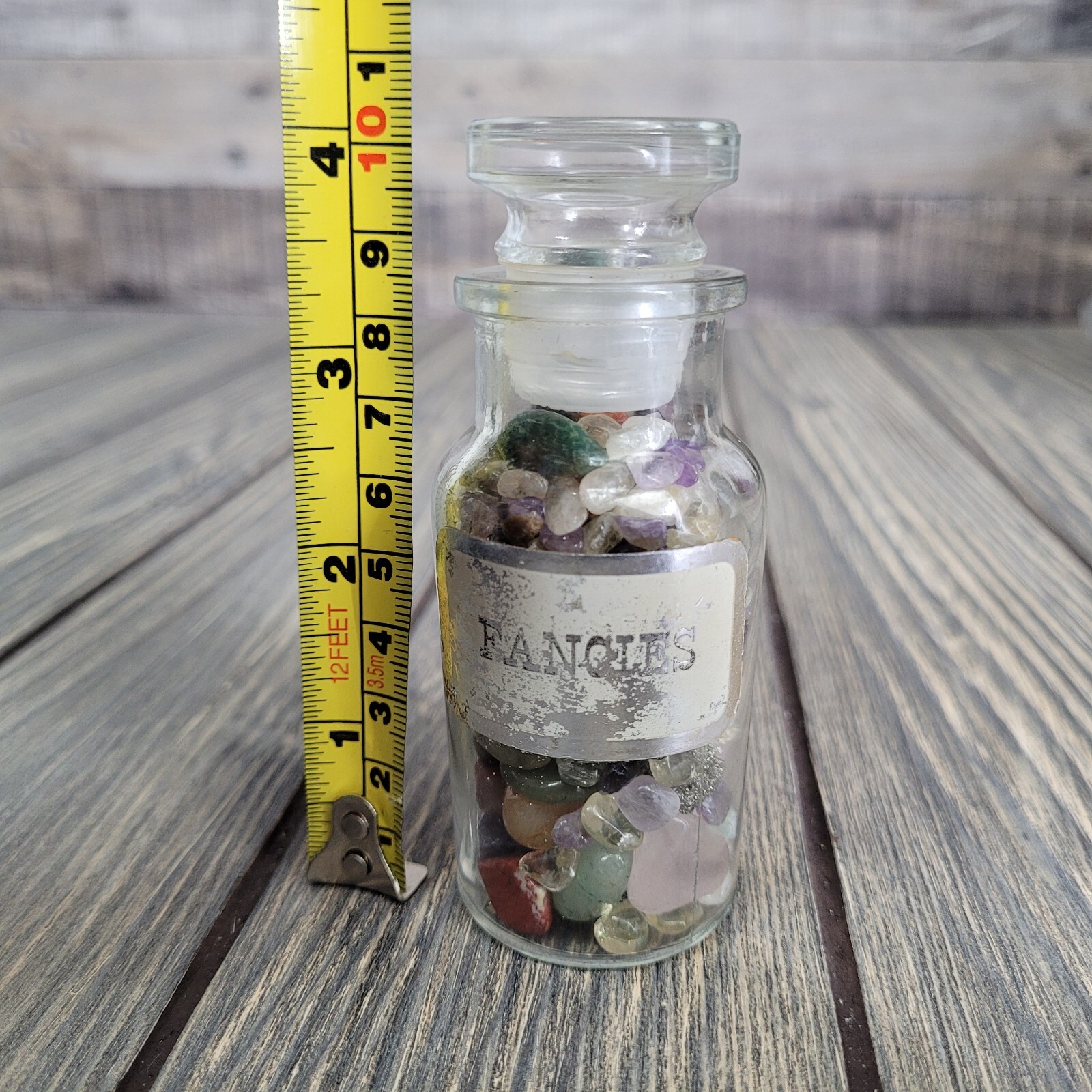 4oz Crystal Tumbles in Apothecary Vintage Glass Jar “Fancies” Label Wagner Spice