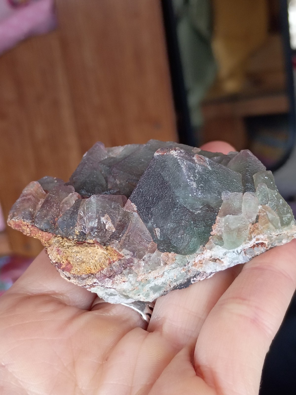 Green Purple Fluorite Crystal Cluster Specimen Display Piece pyramid zoning