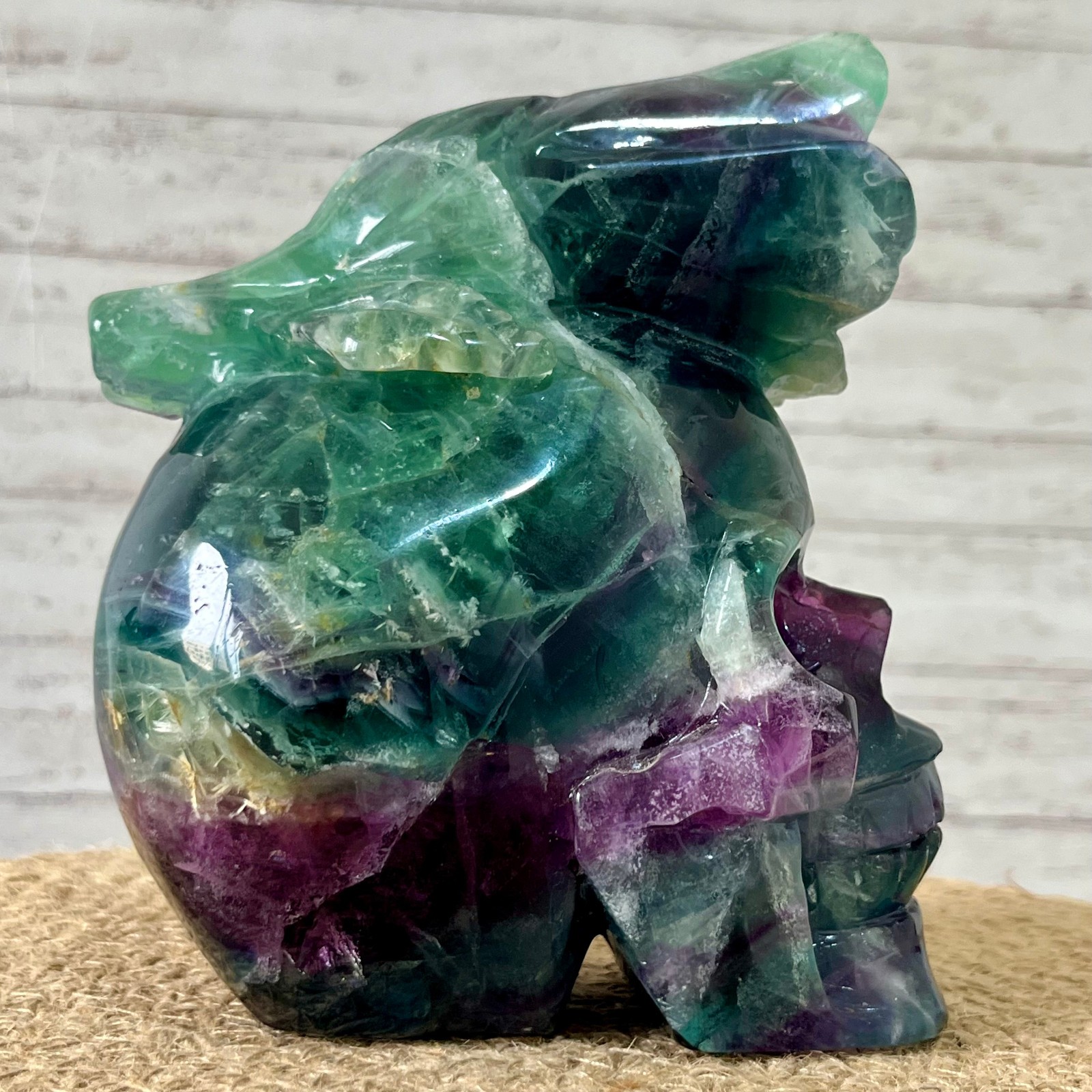 Fluorite Skull Carving with Rose Top – Natural Crystal Healing Decor Gift 3.9 lb